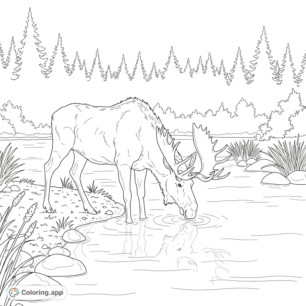 A majestic moose stands on a river bank, gracefully drinking from the water, surrounded by natural elements. Perfect for nature and wildlife enthusiasts.