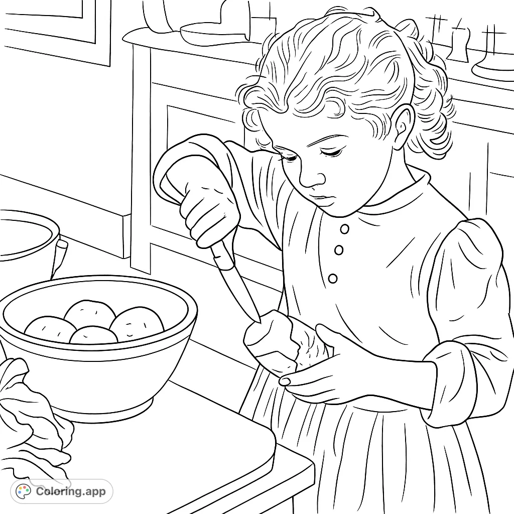 A charming coloring page featuring a young girl diligently peeling vegetables in a kitchen, perfect for inspiring domestic creativity and focus.