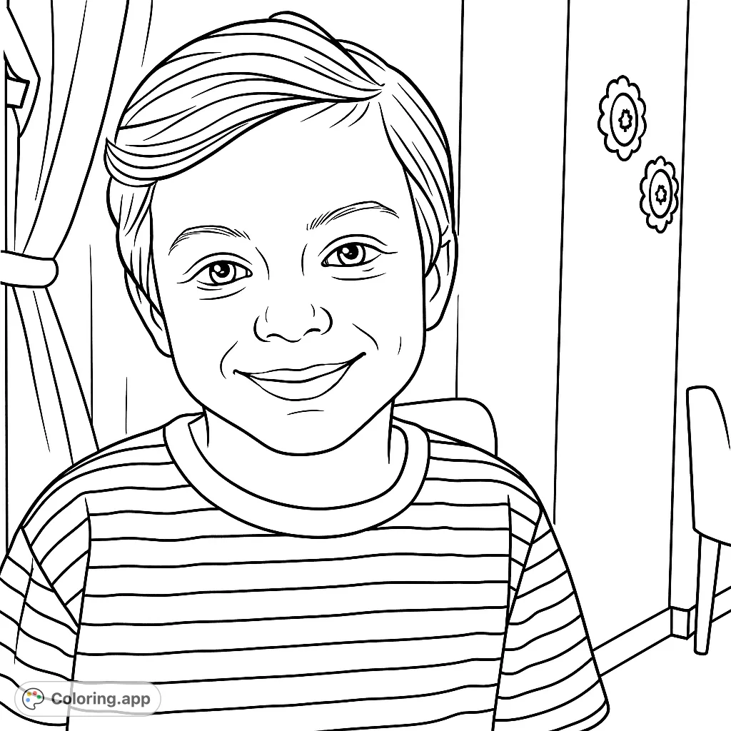 A cheerful boy with a wide smile in a striped shirt, perfect for a delightful coloring experience. Ideal for kids and anyone who loves happy portraits.