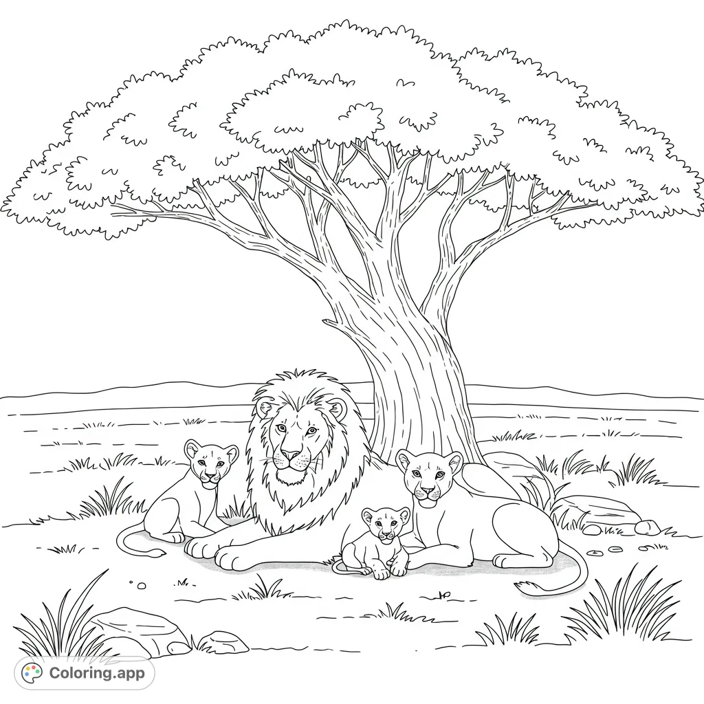 Discover a peaceful lion family resting under a shady tree on the savanna. A majestic scene for a relaxing and detailed coloring adventure.