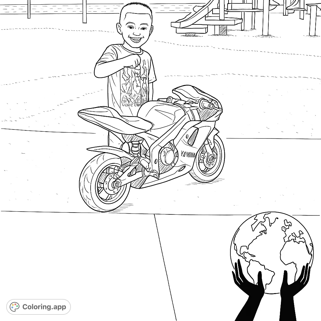 A cheerful boy stands proudly beside his cool pocket bike at the playground. Perfect for young vehicle enthusiasts to color and customize!