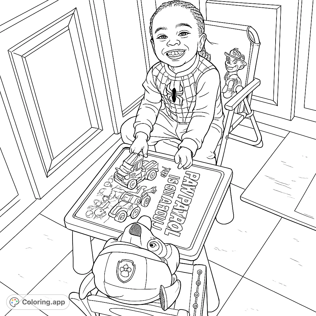 A joyful child surrounded by beloved toys and a themed play table, ready for a fun coloring adventure. Perfect for young fans of popular animated characters.