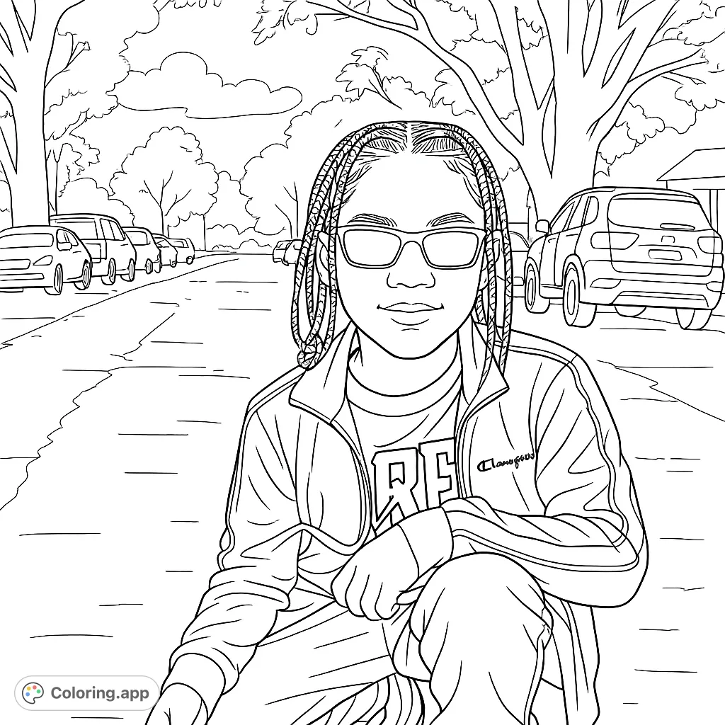 A cool young person in a tracksuit and shades, crouching on a street. Perfect for urban style enthusiasts to color and personalize.