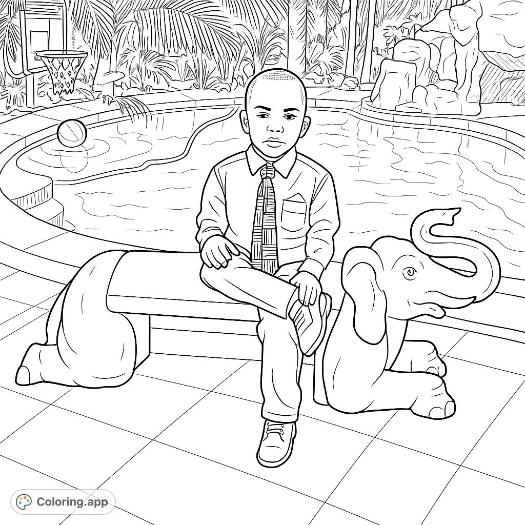 A young boy sits on a unique elephant-shaped bench by a swimming pool, surrounded by palm trees and a rock waterfall. A fun outdoor scene.
