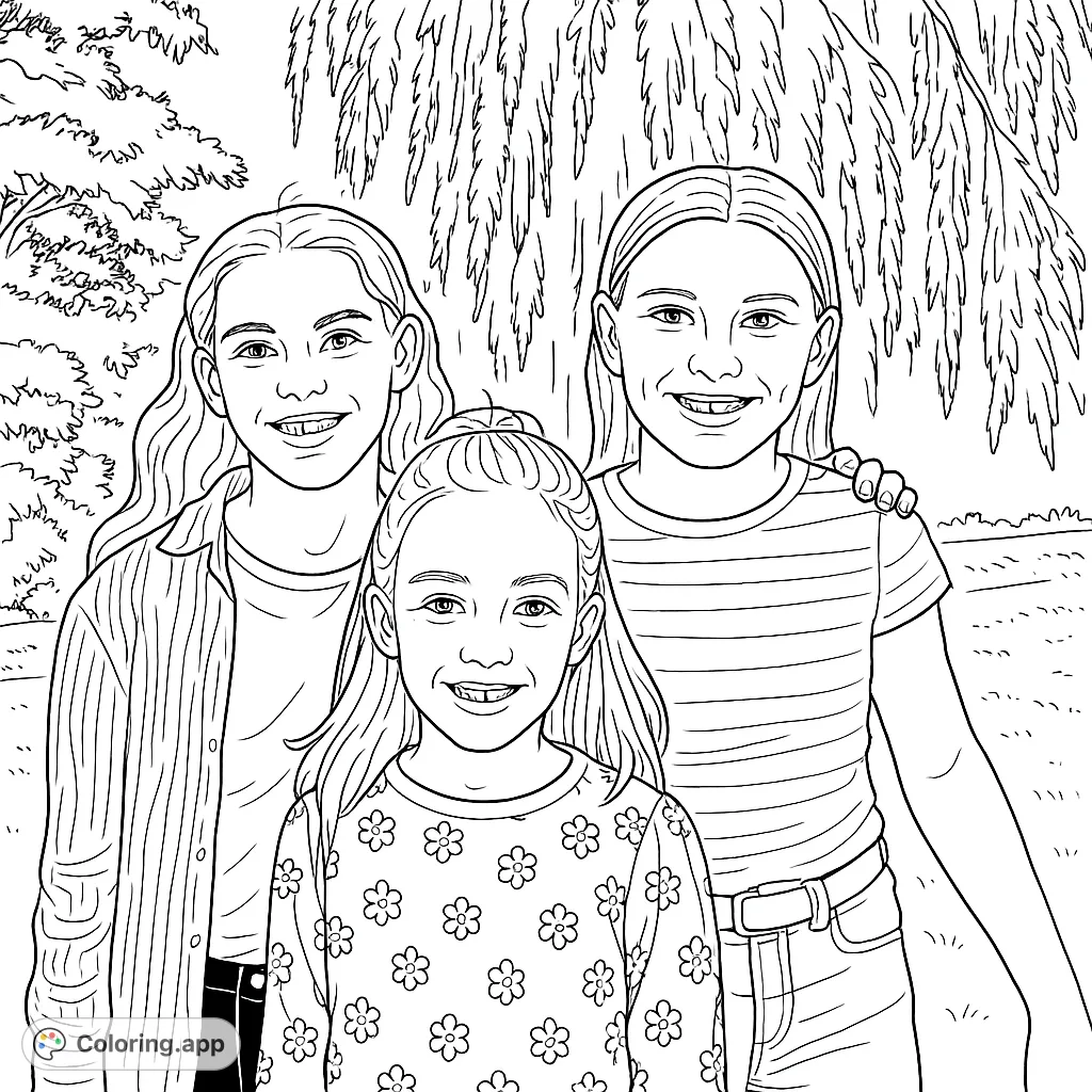 Capture the joy of friendship with three smiling girls in a natural outdoor setting. Perfect for young artists to personalize.
