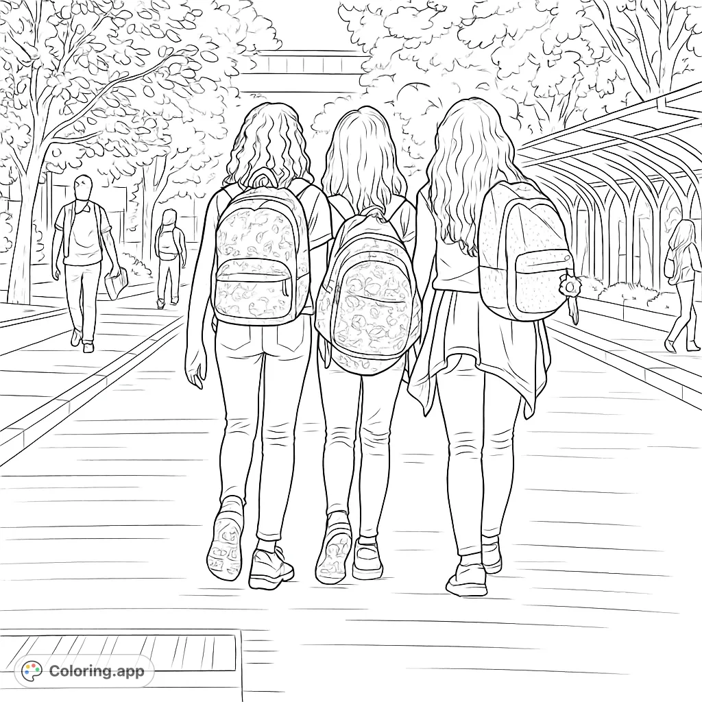 Three students with backpacks walking on a path, ready for a new day. A realistic scene perfect for school-themed coloring.