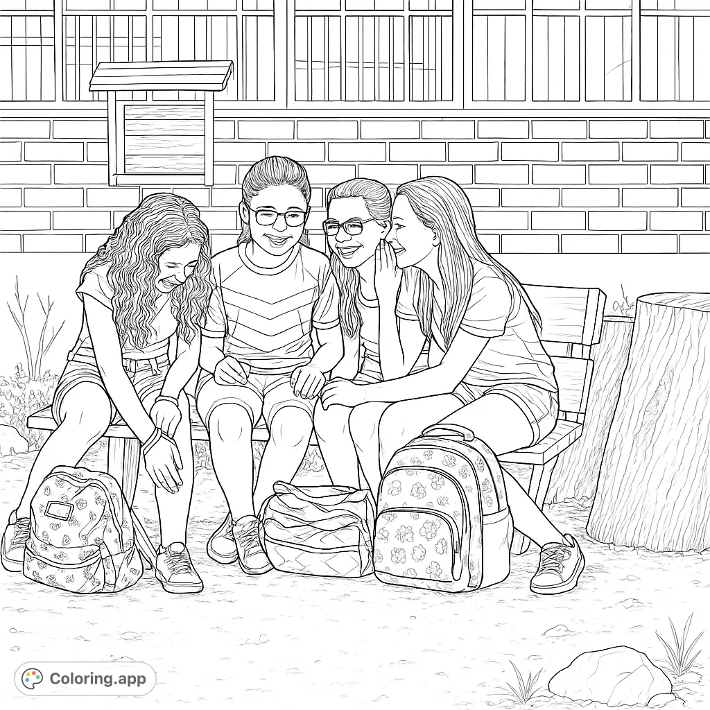 Capture the essence of friendship with this realistic coloring page featuring four young friends chatting on a school bench. Perfect for teens and adults.