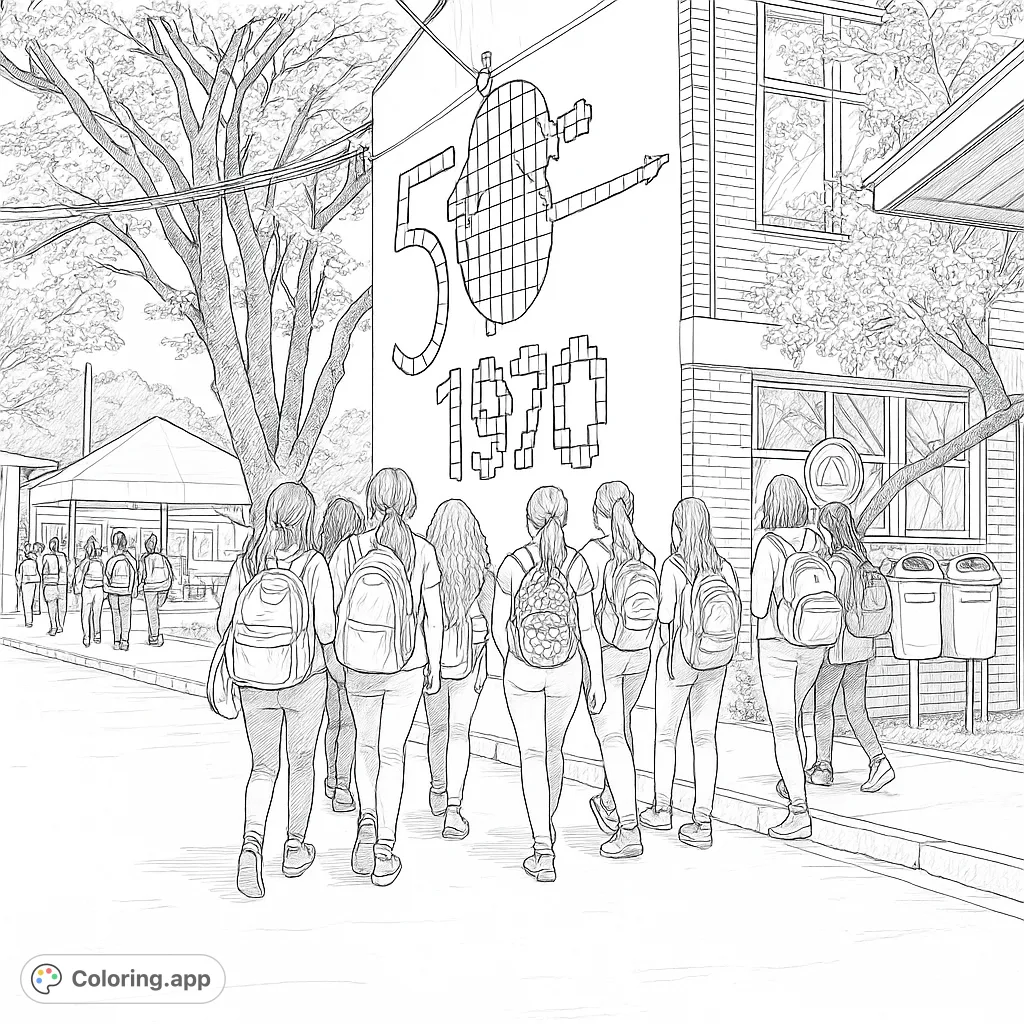A realistic school campus scene featuring students walking past a building with a unique pixelated mural and a large tree, perfect for detailed coloring.