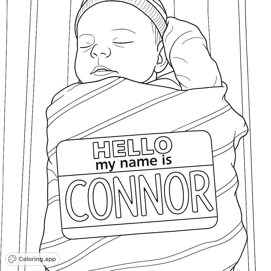Capture the joy of a new arrival with this adorable newborn baby coloring page, featuring a sleeping infant and a personalized name tag.