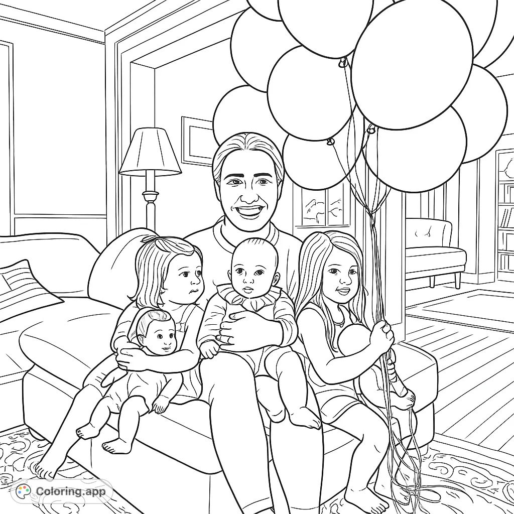 A heartwarming family scene featuring a woman and three children surrounded by festive balloons, perfect for a joyful coloring experience.
