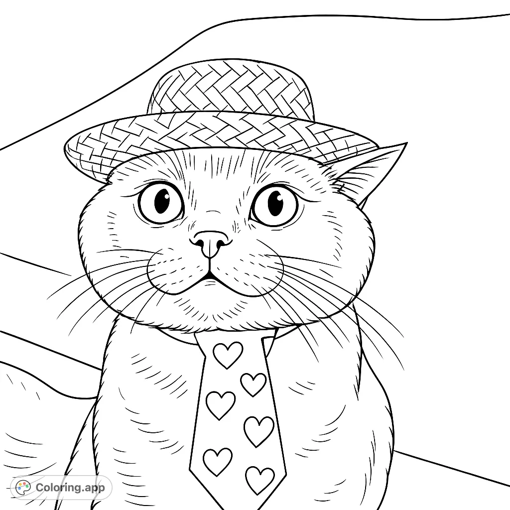 A charming cat wearing a straw hat and a heart-patterned tie, ready for a fun coloring adventure. Perfect for animal lovers and creative minds!