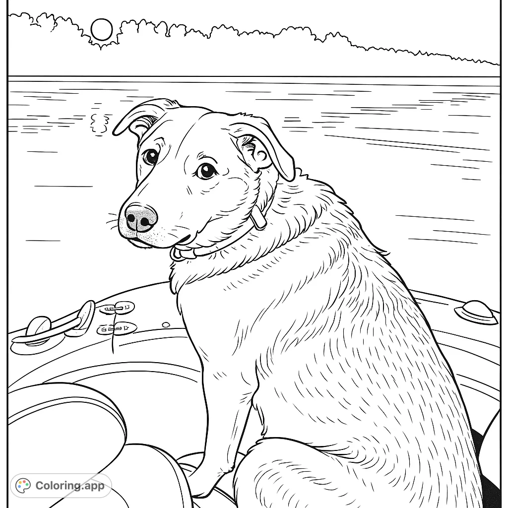 A charming dog enjoys a peaceful boat ride on a misty lake at dawn, with a serene treeline and glowing sun in the background. Perfect for animal lovers!