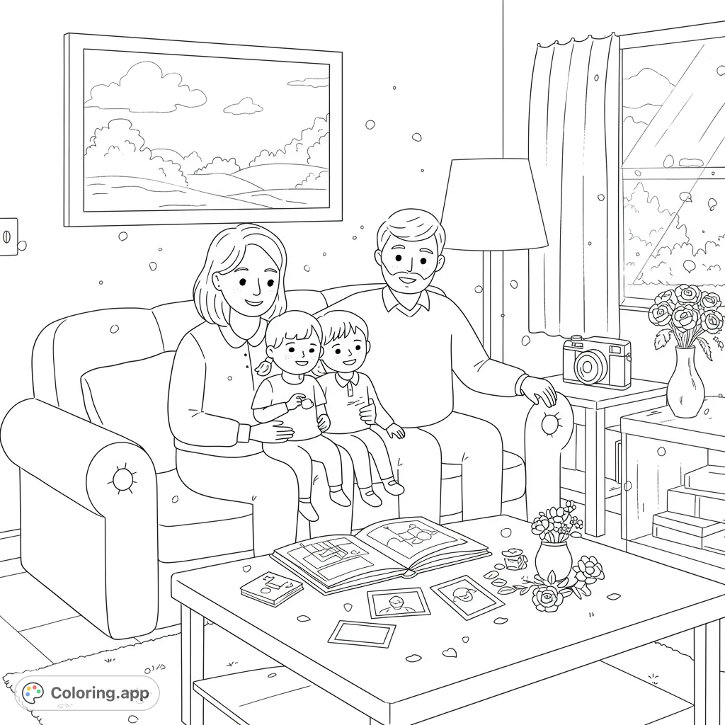 Capture heartwarming family moments in a cozy living room. This free printable coloring page features a family on a sofa, a photo album, and warm light.