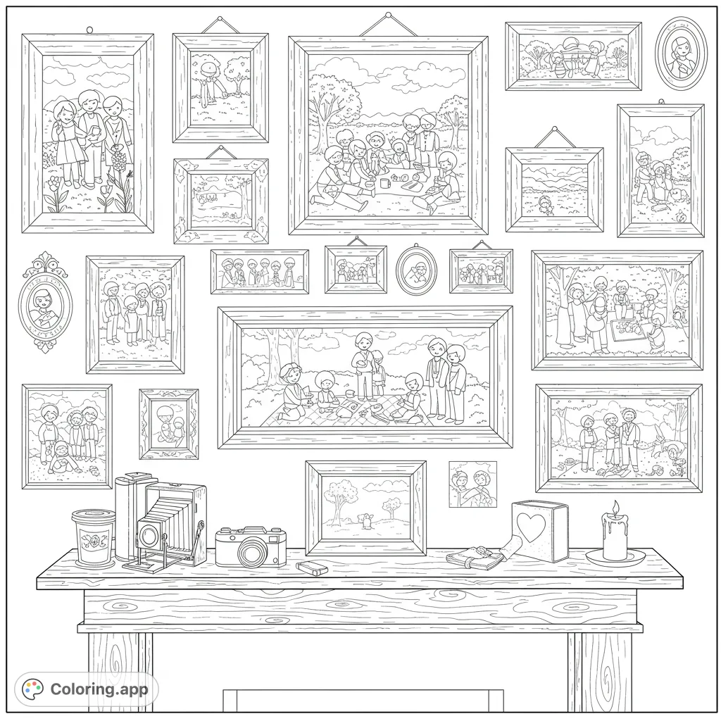 Explore a heartwarming family gallery wall featuring framed memories like first steps and group hugs, alongside a rustic mantelpiece with an antique camera and letters.