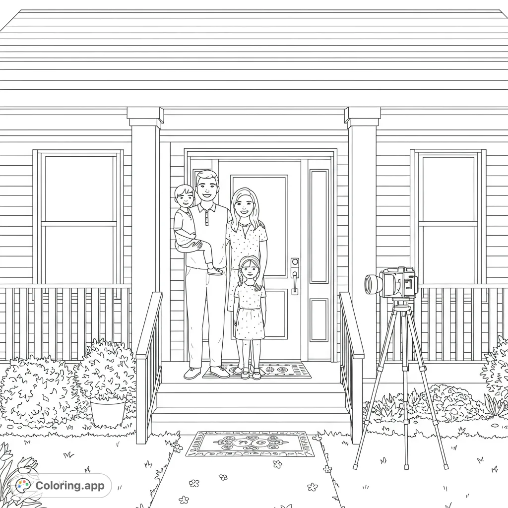 Capture a heartwarming family moment on a charming porch. This free printable family portrait coloring page features a family, home, and camera.