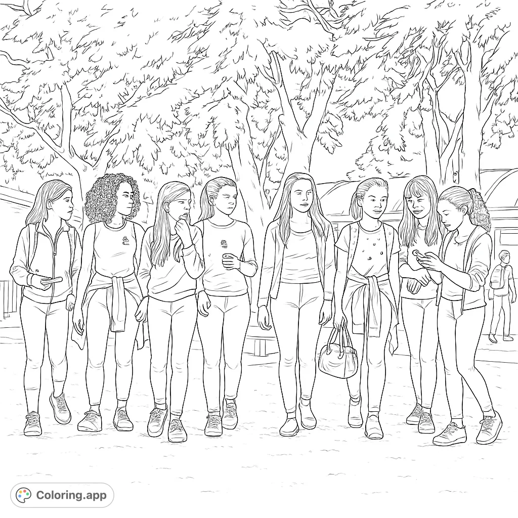 Capture the lively scene of young students walking and interacting in a schoolyard. This realistic coloring page offers a chance to bring a vibrant campus moment to life.