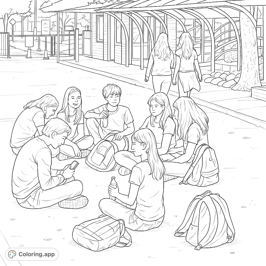 Capture a lively scene of friends gathered on a campus, sharing moments and stories. A realistic coloring page for teens and adults.