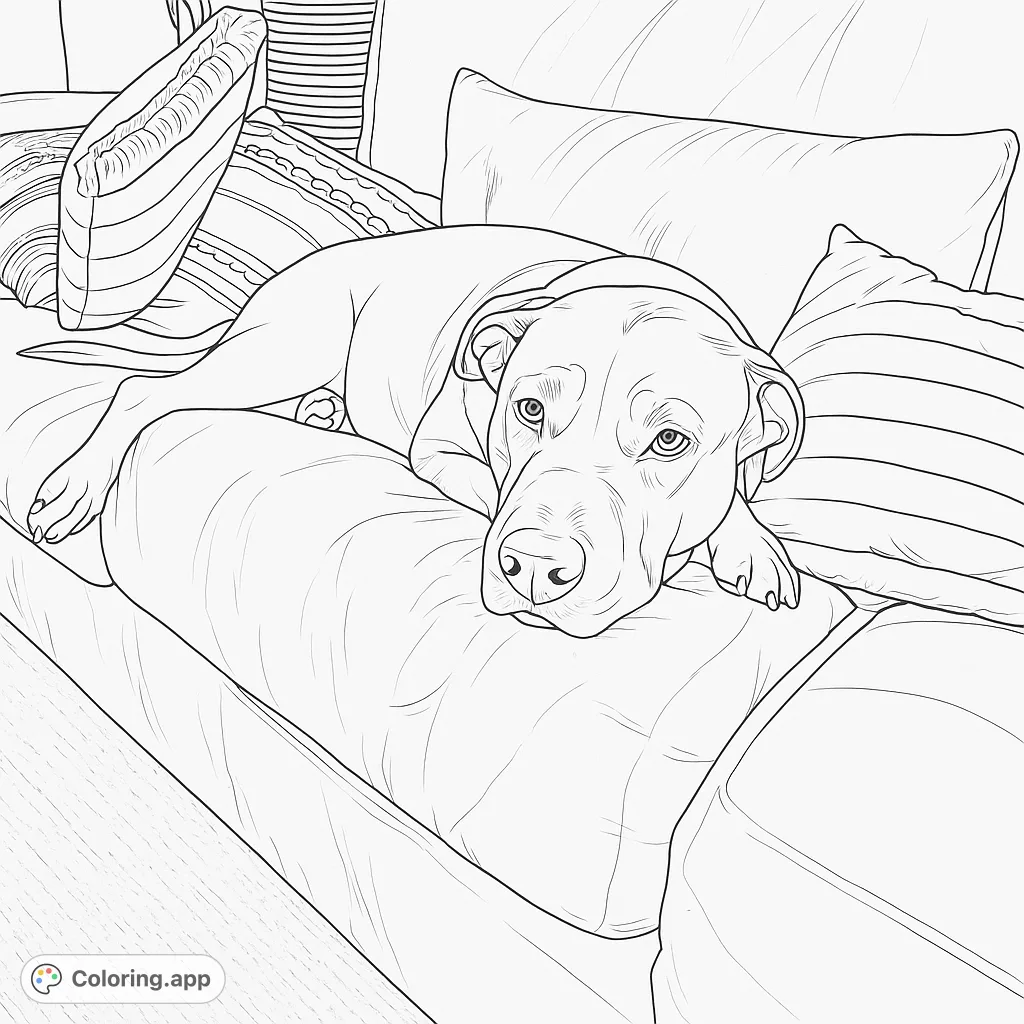 A peaceful dog rests on a plush sofa surrounded by pillows, offering a relaxing and detailed coloring experience for animal lovers.