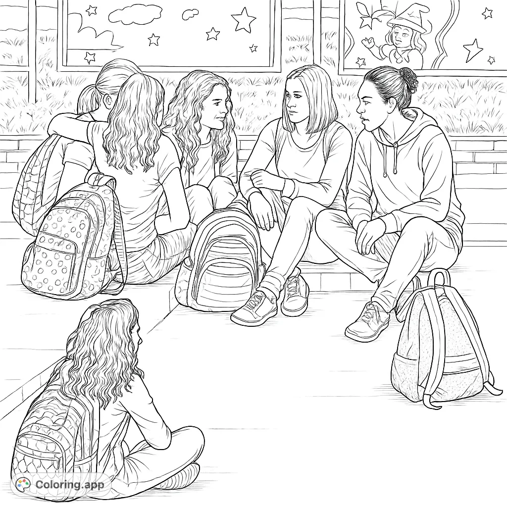 A realistic coloring page featuring a group of friends sitting together outdoors, sharing a moment of connection. Perfect for teens and adults.