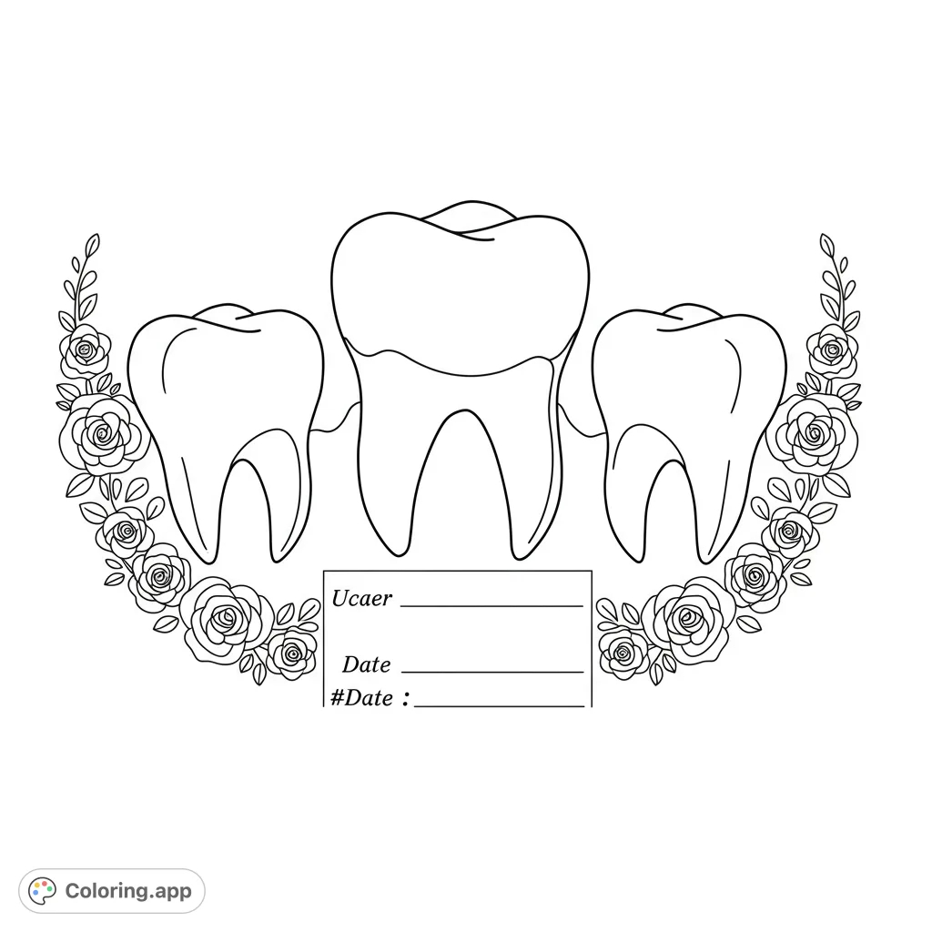 A unique coloring page featuring three large, blank tooth shapes, each with dedicated spaces for names and dates, perfect for celebrating lost teeth.