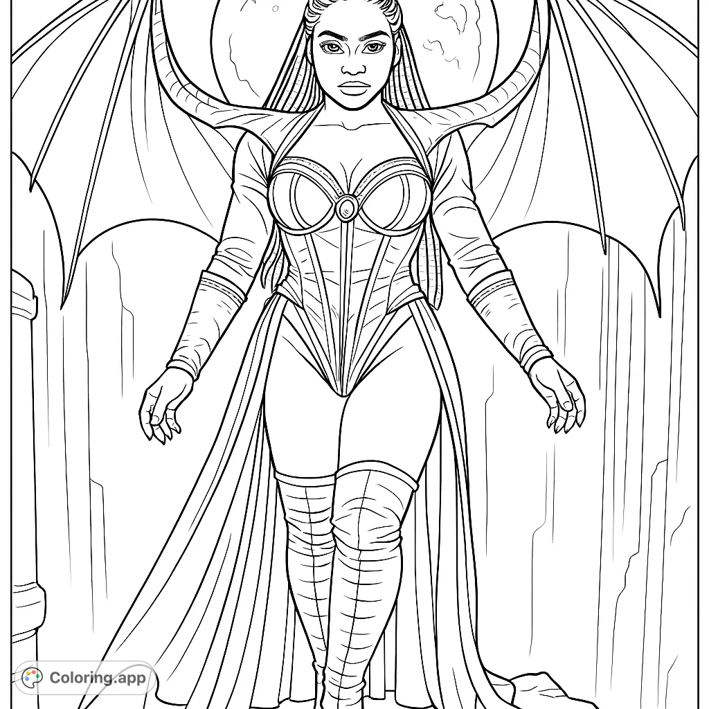 A powerful winged empress stands under a celestial body, adorned in intricate armor and flowing garments, ready for a fantasy adventure.