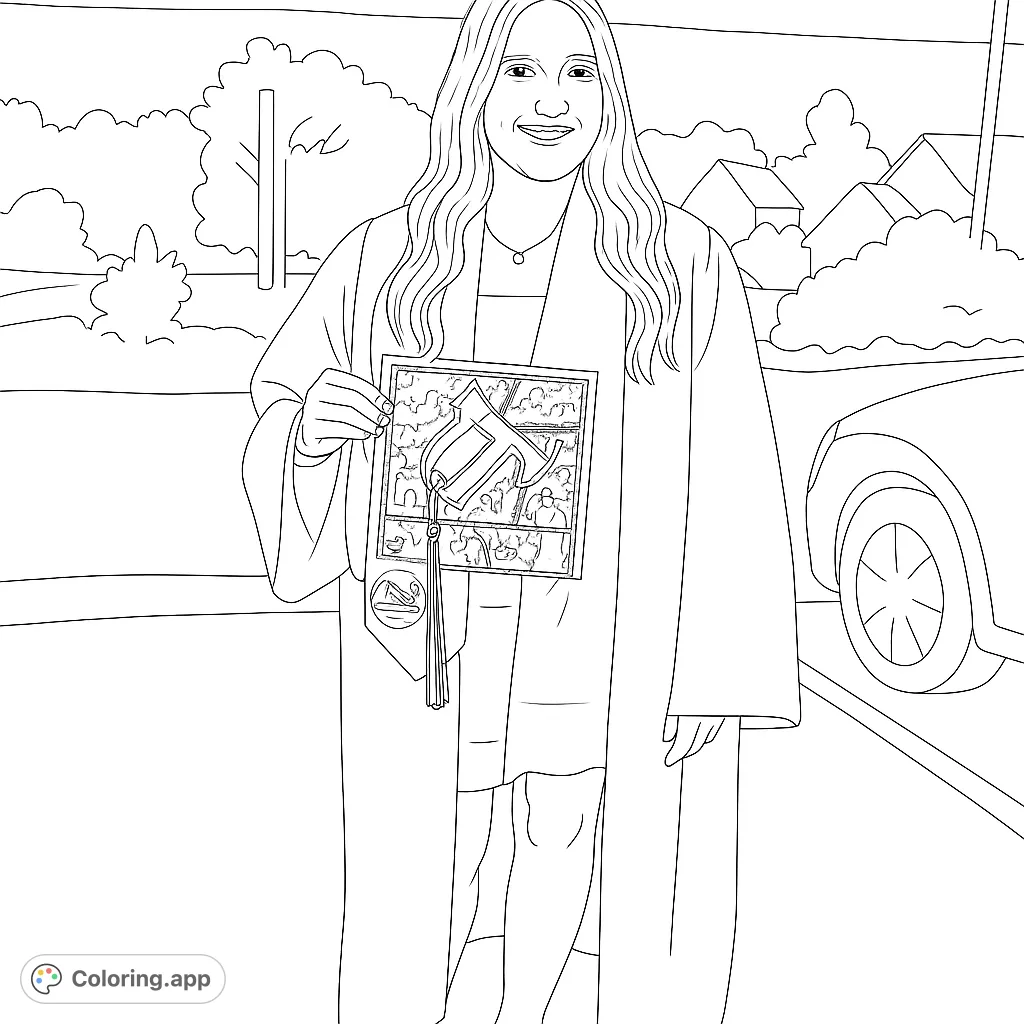 Celebrate academic achievement with this graduation coloring page. Features a proud graduate in cap and gown, holding a decorated cap.