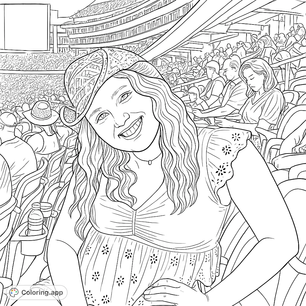 A cheerful stadium fan in a cowboy hat, ready for a concert. Perfect for music lovers and those who enjoy lively crowd scenes.