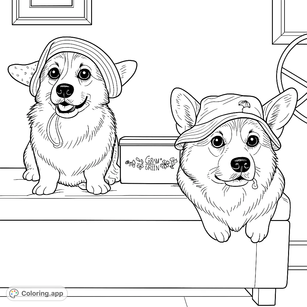 Two charming corgis in hats pose on a bench, ready for a fun coloring adventure. A delightful free printable corgi coloring page for all ages.