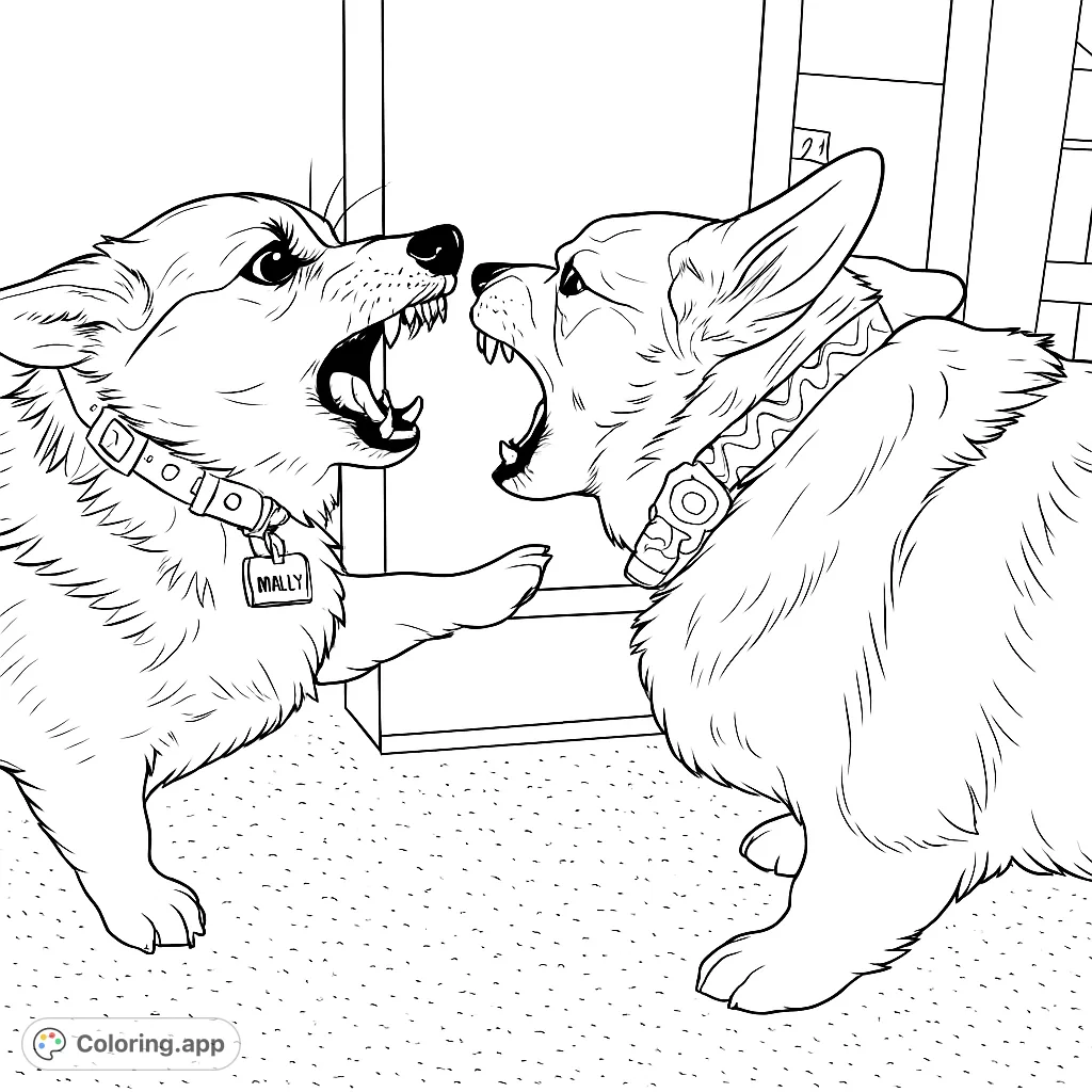 Two expressive corgis engaged in a lively interaction, perfect for a fun and dynamic coloring experience. Capture their playful energy!