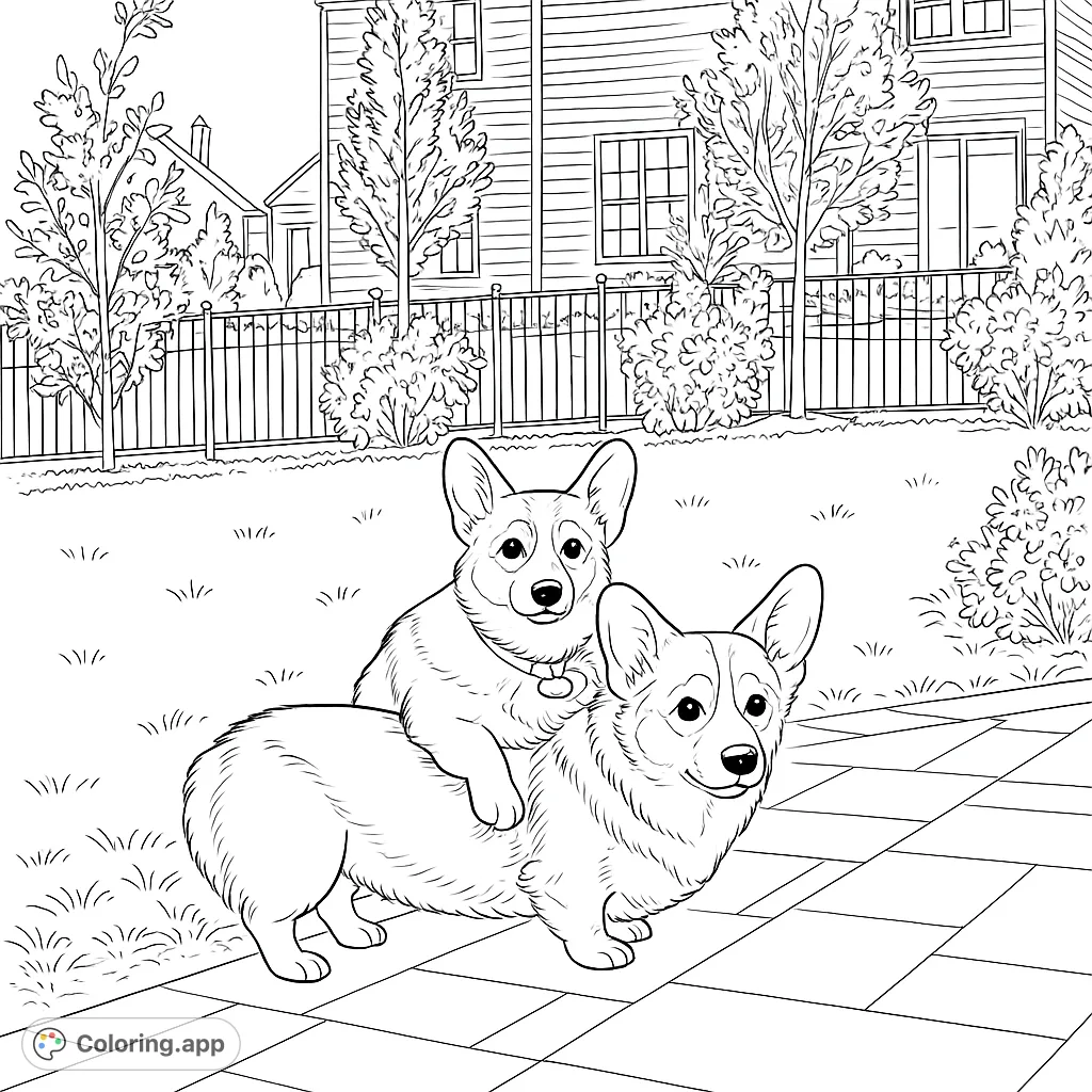 Adorable corgi duo in a playful stack, perfect for a fun and charming coloring experience. Features a detailed backyard scene.