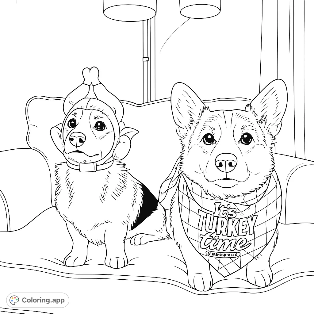 A delightful Thanksgiving corgi coloring page featuring two adorable dogs in festive costumes, perfect for holiday fun and creative expression.