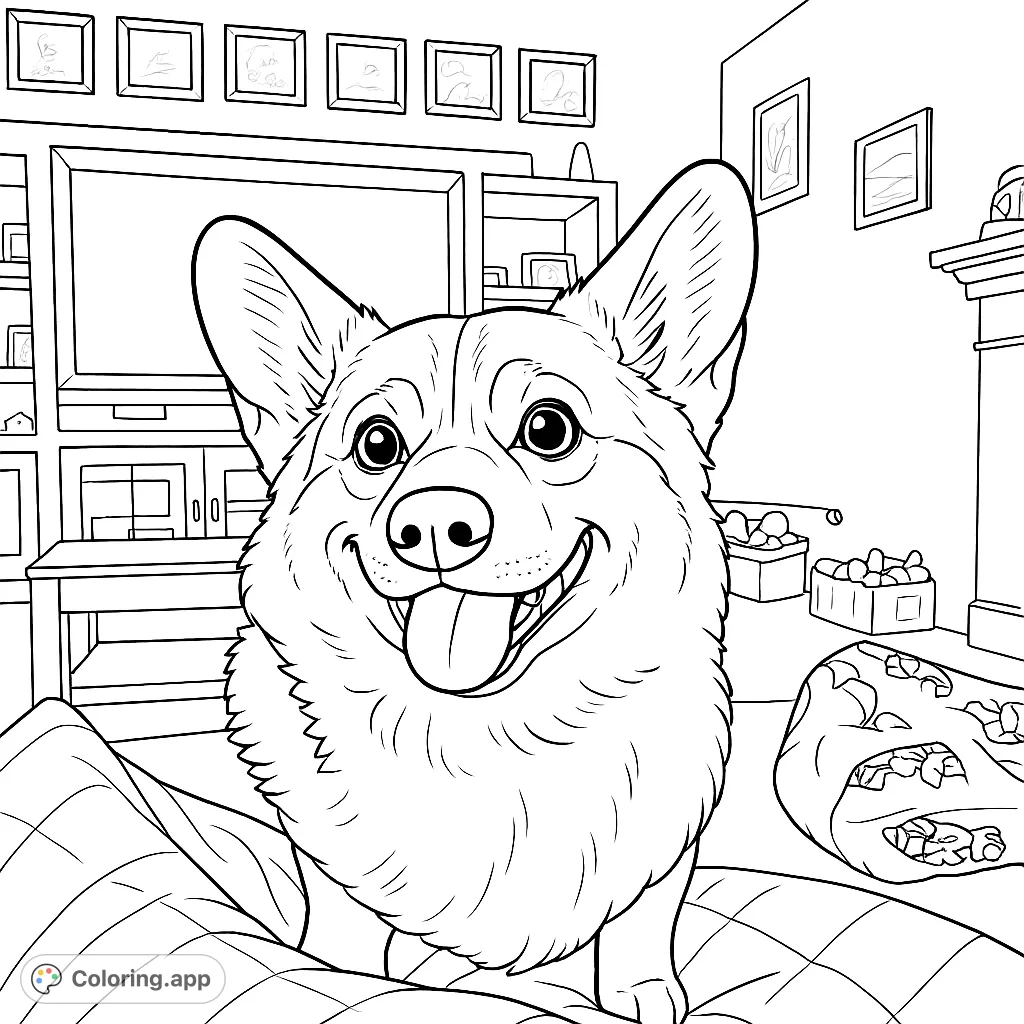 A delightful Corgi coloring page featuring a happy dog with an expressive face, perfect for pet lovers of all ages to enjoy.