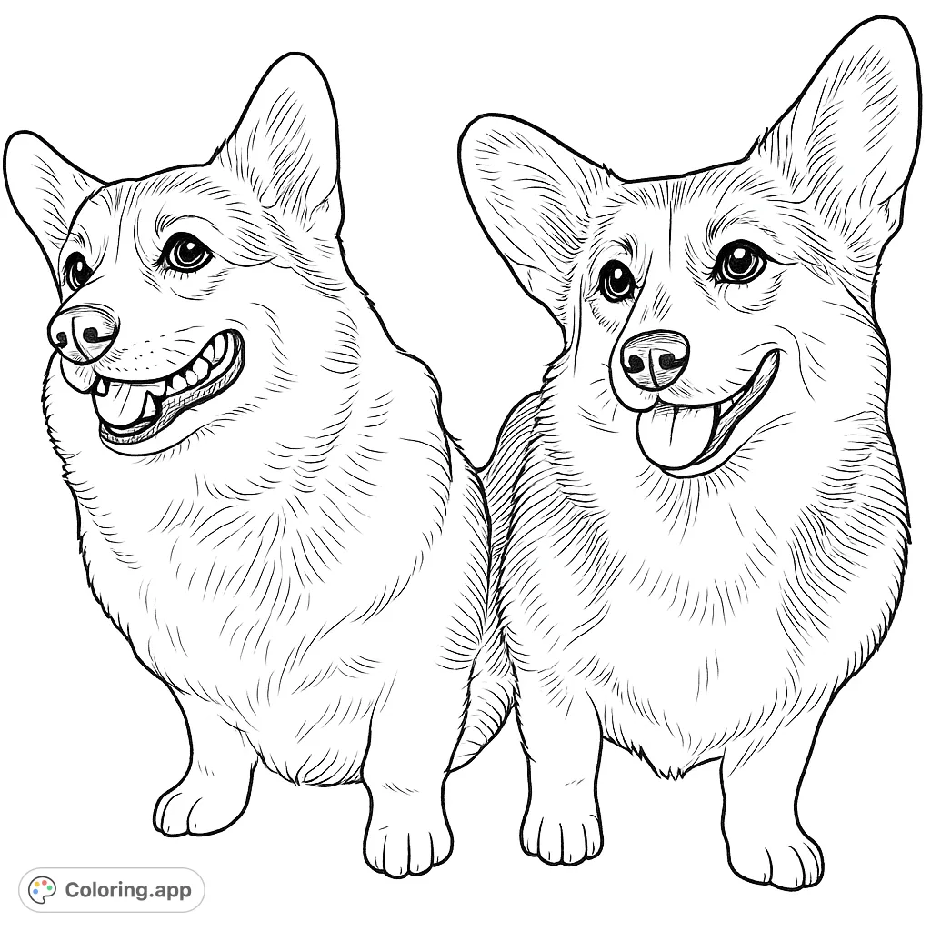 Two adorable corgis with happy expressions, perfect for animal lovers. A delightful free printable corgi coloring page for all ages.
