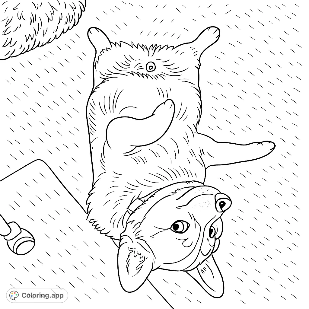 A charming corgi lies on its back, paws up, ready for a belly rub. A delightful and cute animal coloring page for all ages.