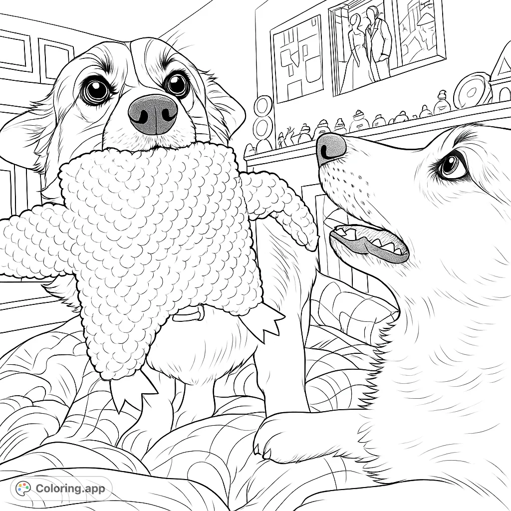 Two adorable corgis engaged in a playful tug-of-war with a textured toy, set against a cozy domestic background. A charming scene for all ages.