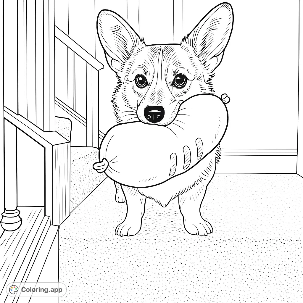 A charming corgi stands on a carpeted staircase, playfully holding a plush toy. Perfect for dog lovers and all ages.