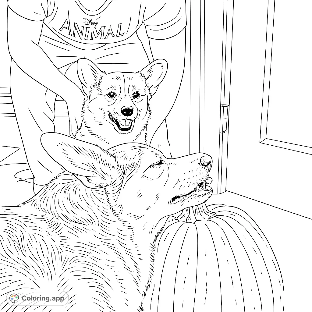 Two playful corgis interacting with a large pumpkin, one howling with joy, the other held by a person. A fun, whimsical scene.