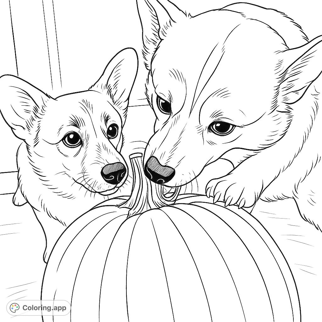 Two adorable dogs curiously explore a large pumpkin, perfect for a fun autumn coloring adventure. A delightful scene for pet lovers and seasonal enthusiasts.