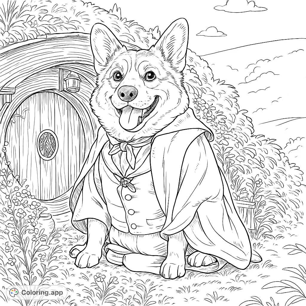A delightful corgi in a fantasy setting, sitting happily before a charming round door in a grassy hill. Perfect for whimsical adventures!