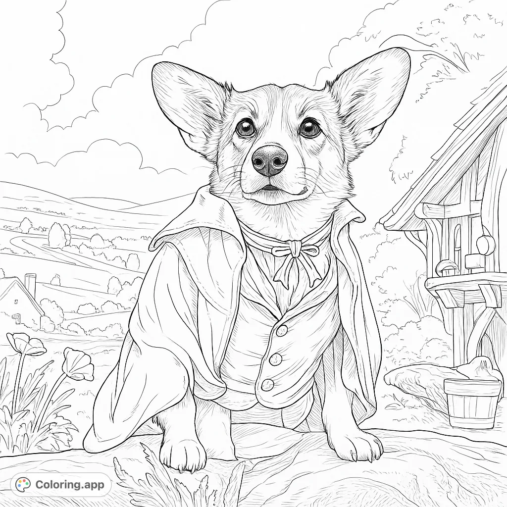 A charming corgi in a traveler's outfit sits in a whimsical landscape, ready for adventure. Perfect for fantasy and animal lovers!
