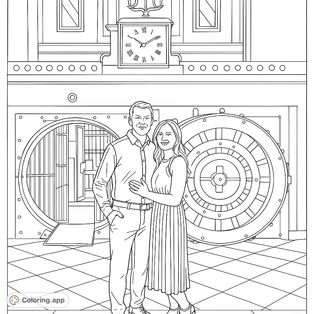 Color a grand scene featuring a couple in front of intricate bank vault doors, a classic clock, and elegant architecture. A detailed, free printable coloring page.
