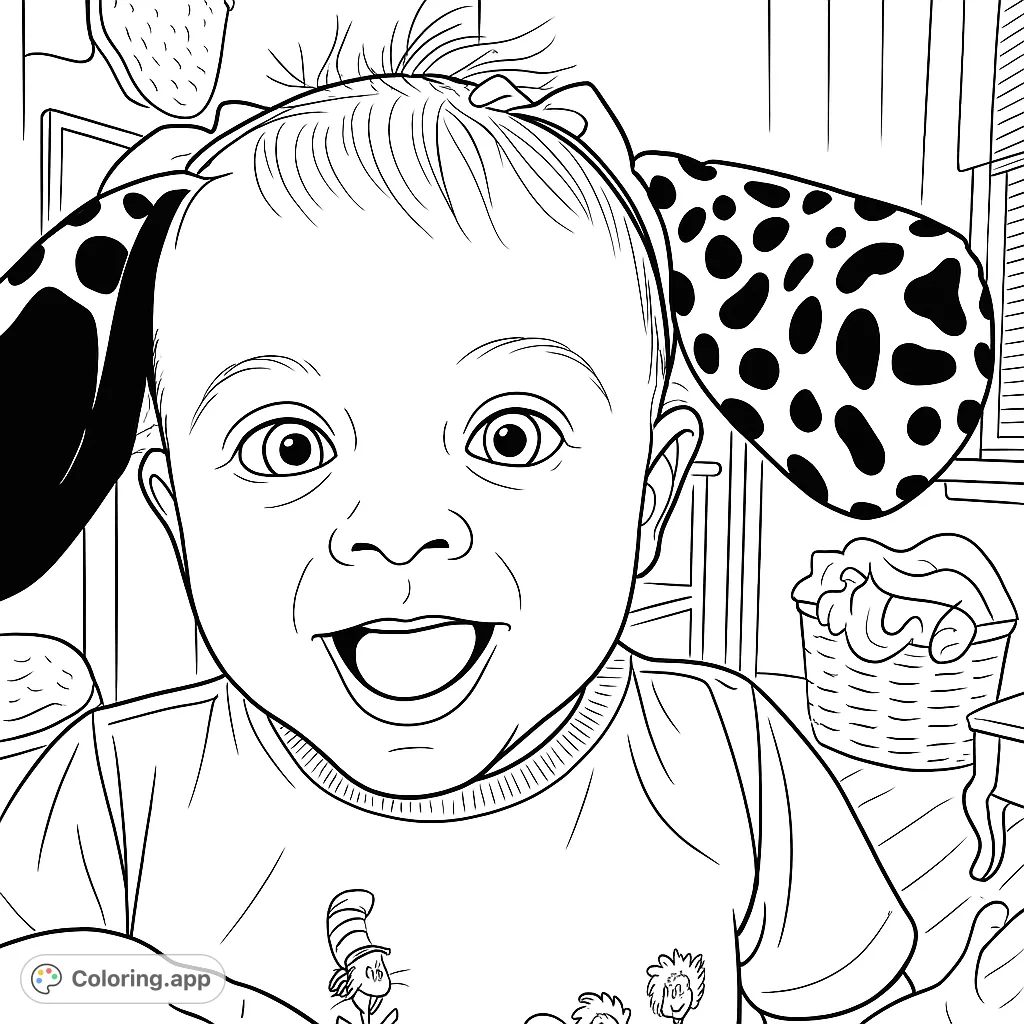 A joyful toddler with spotted dog ears and a big smile, ready for a fun coloring adventure. Perfect for young artists!