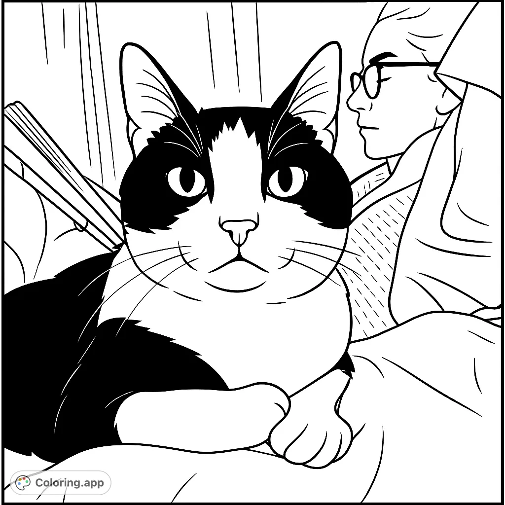 A charming cat rests with crossed paws, observing calmly while a person reads nearby. A simple, cozy scene perfect for relaxation and creativity.
