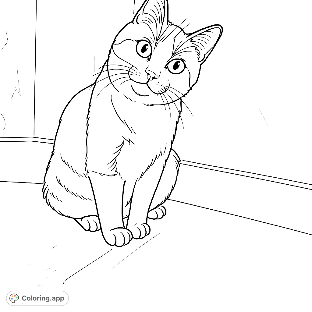 A charming cat with a tilted head and expressive gaze, sitting patiently. Perfect for animal lovers to bring to life with their favorite colors.