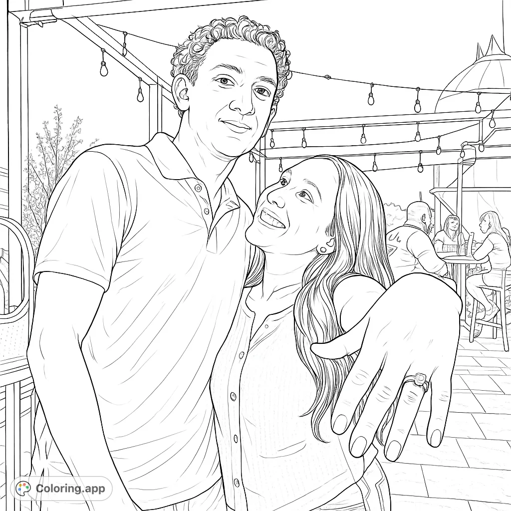 Celebrate love with this engagement coloring page! A happy couple embraces, showcasing a beautiful ring in a lively outdoor setting. Perfect for romantic moments.