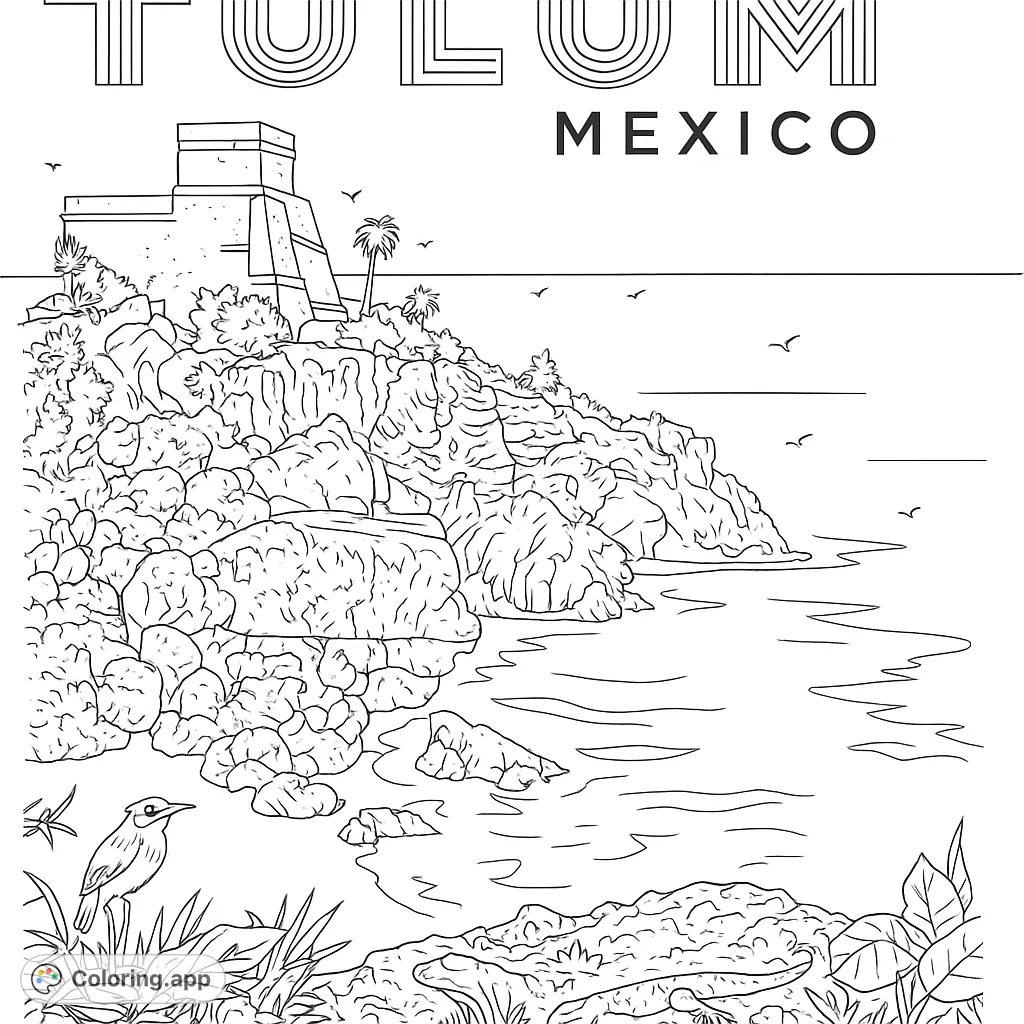 Explore ancient Tulum ruins on a rugged coast, with a sandy beach, ocean waves, and diverse wildlife. A captivating historical and nature coloring page.