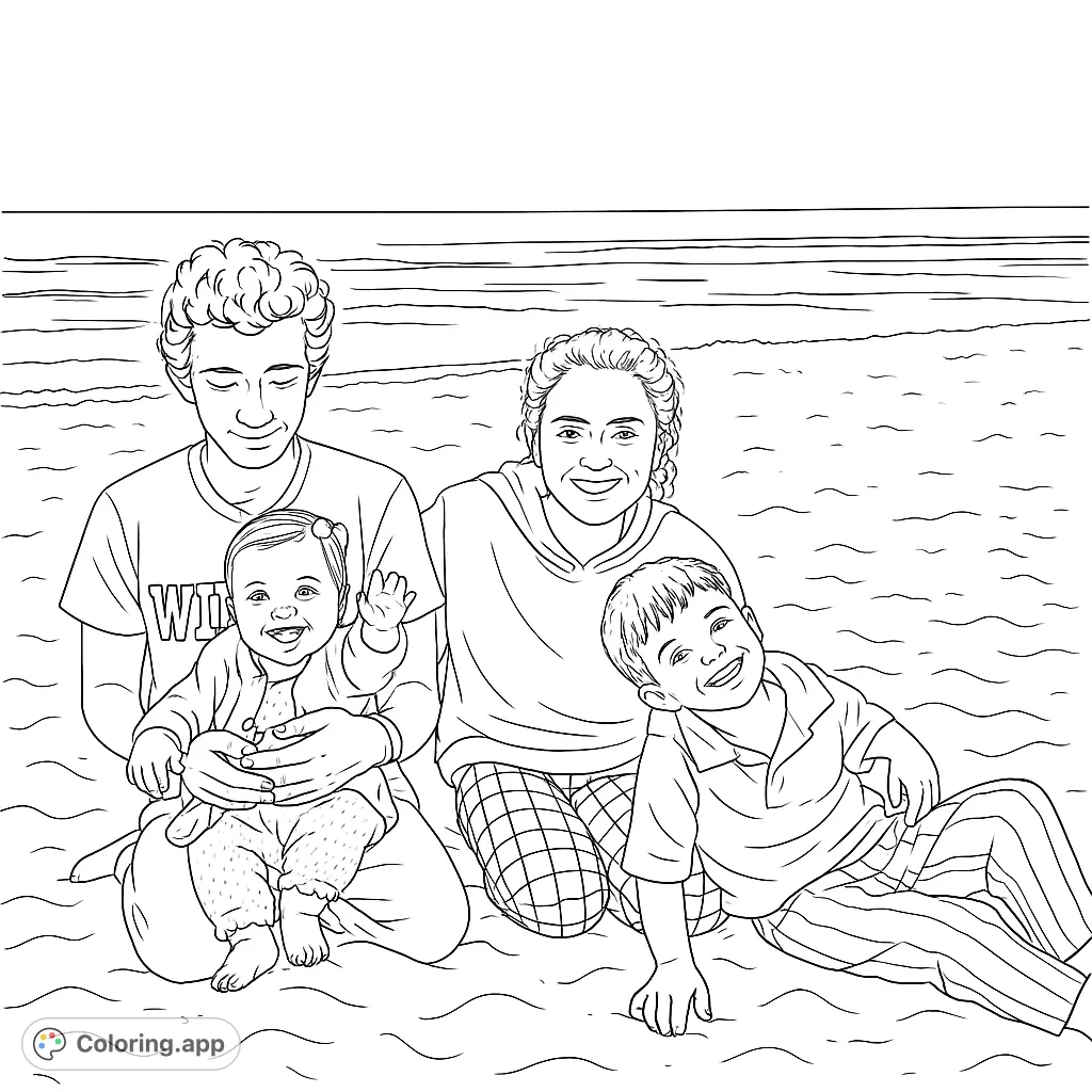 Capture a heartwarming family moment on the beach. Four smiling individuals, including a baby and young child, enjoy the sandy shore and ocean view.
