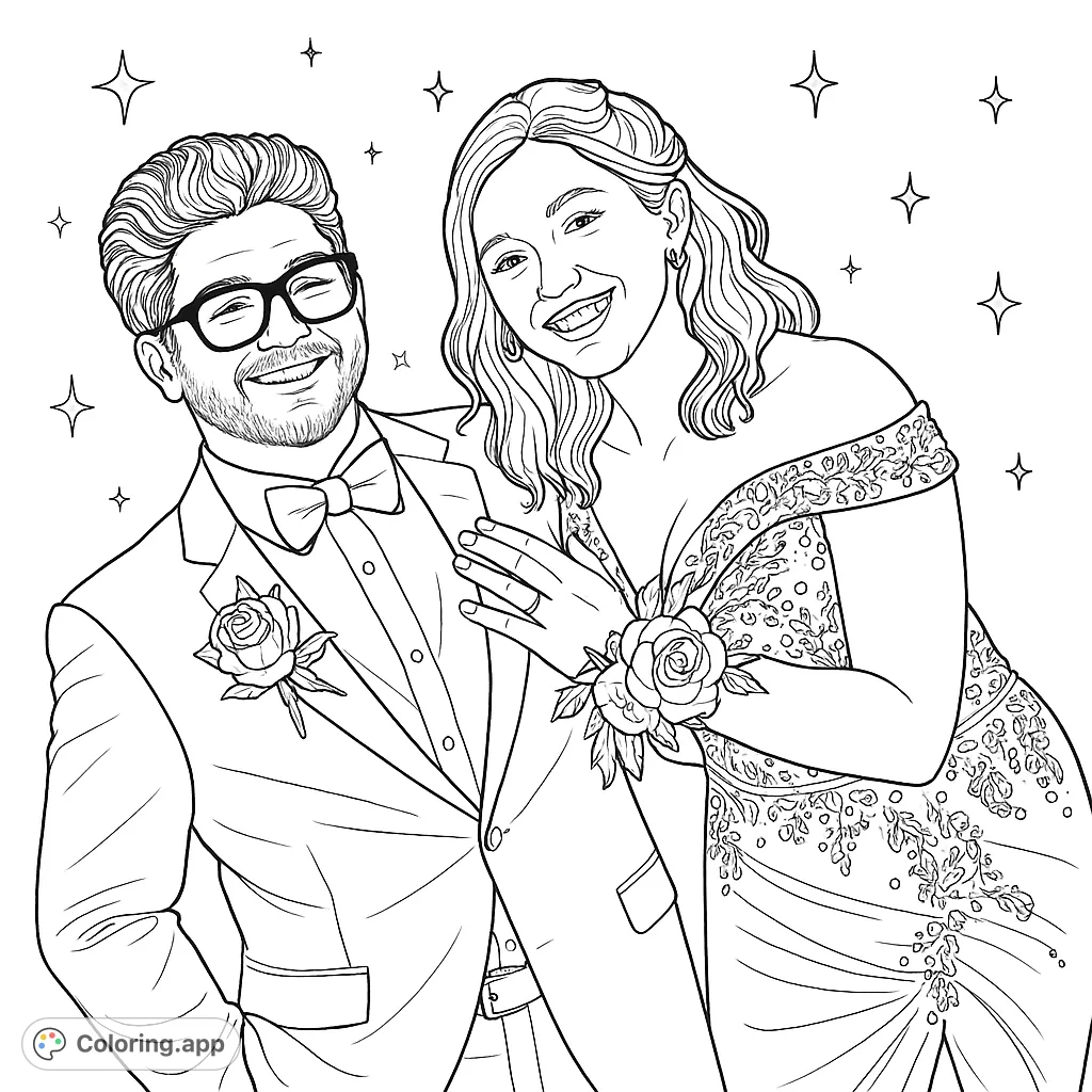 Capture a special moment with this elegant couple portrait. Perfect for celebrating love, friendship, or a memorable formal event. A delightful coloring experience.