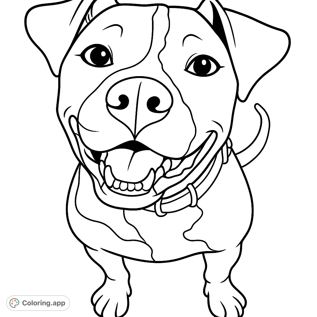 A delightful cartoony dog coloring page with bold outlines, perfect for all ages. Features a friendly dog with a wide smile, ready for your creative touch.