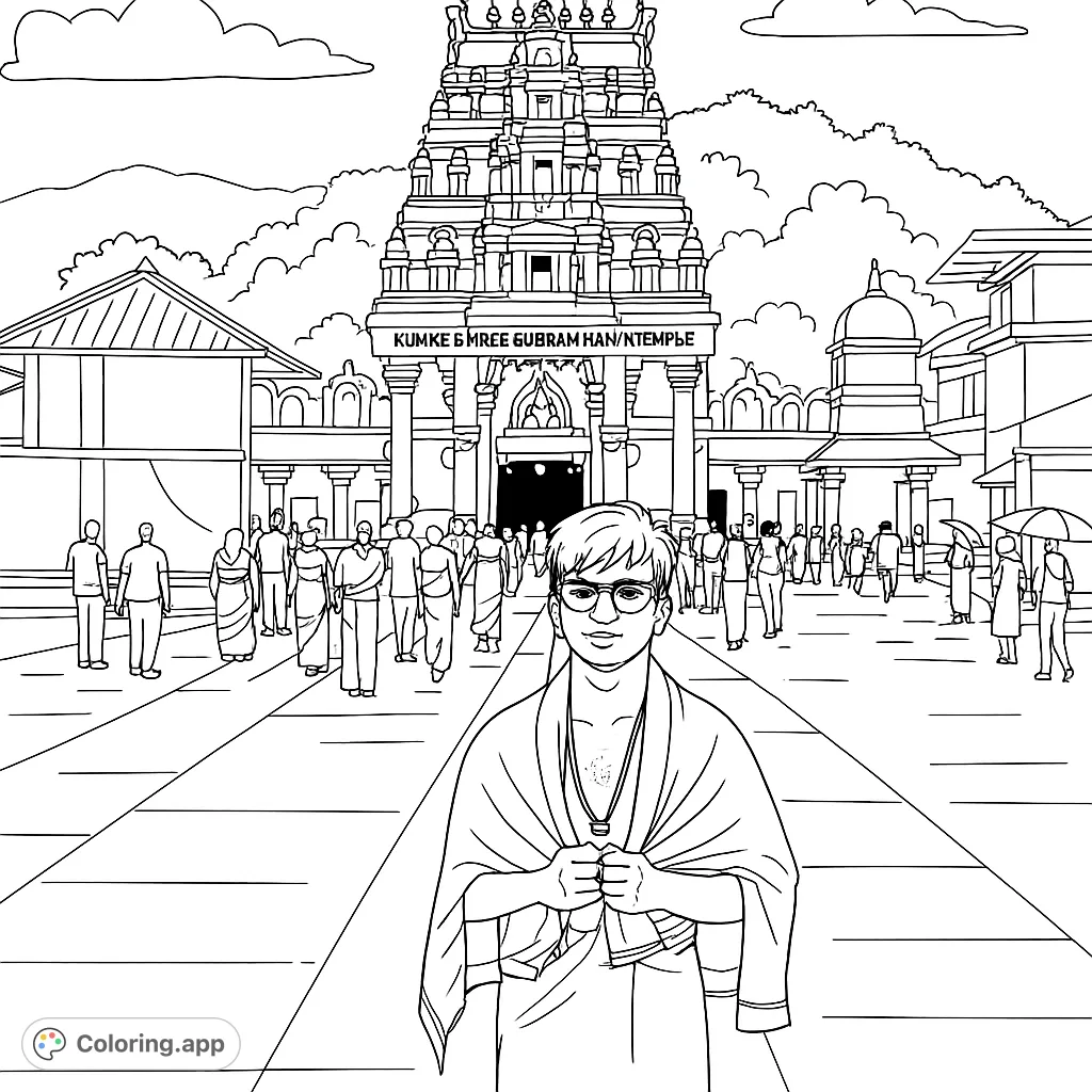 Explore a detailed temple scene with a young man in traditional attire, intricate architecture, and a bustling crowd, perfect for cultural exploration.